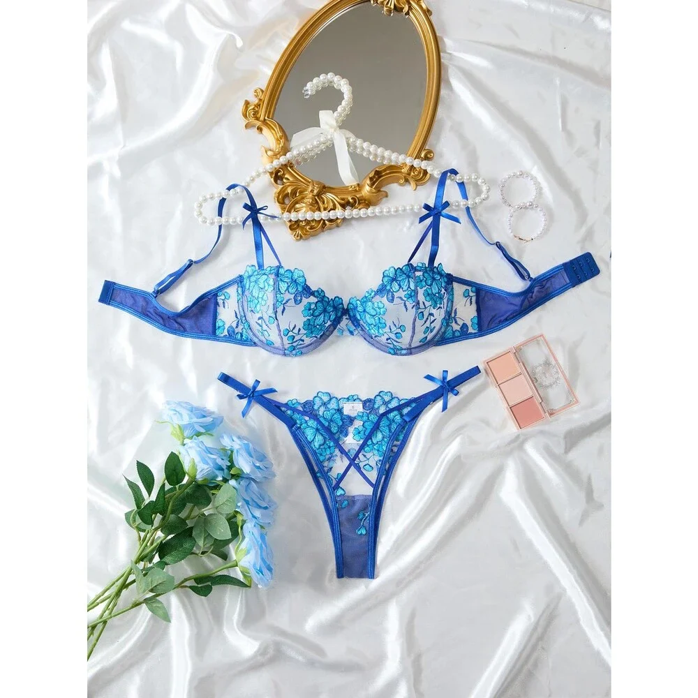 Lilosy Petite Blue Sexy Underwire Push Up Strappy Heart Embroidered Mesh XS